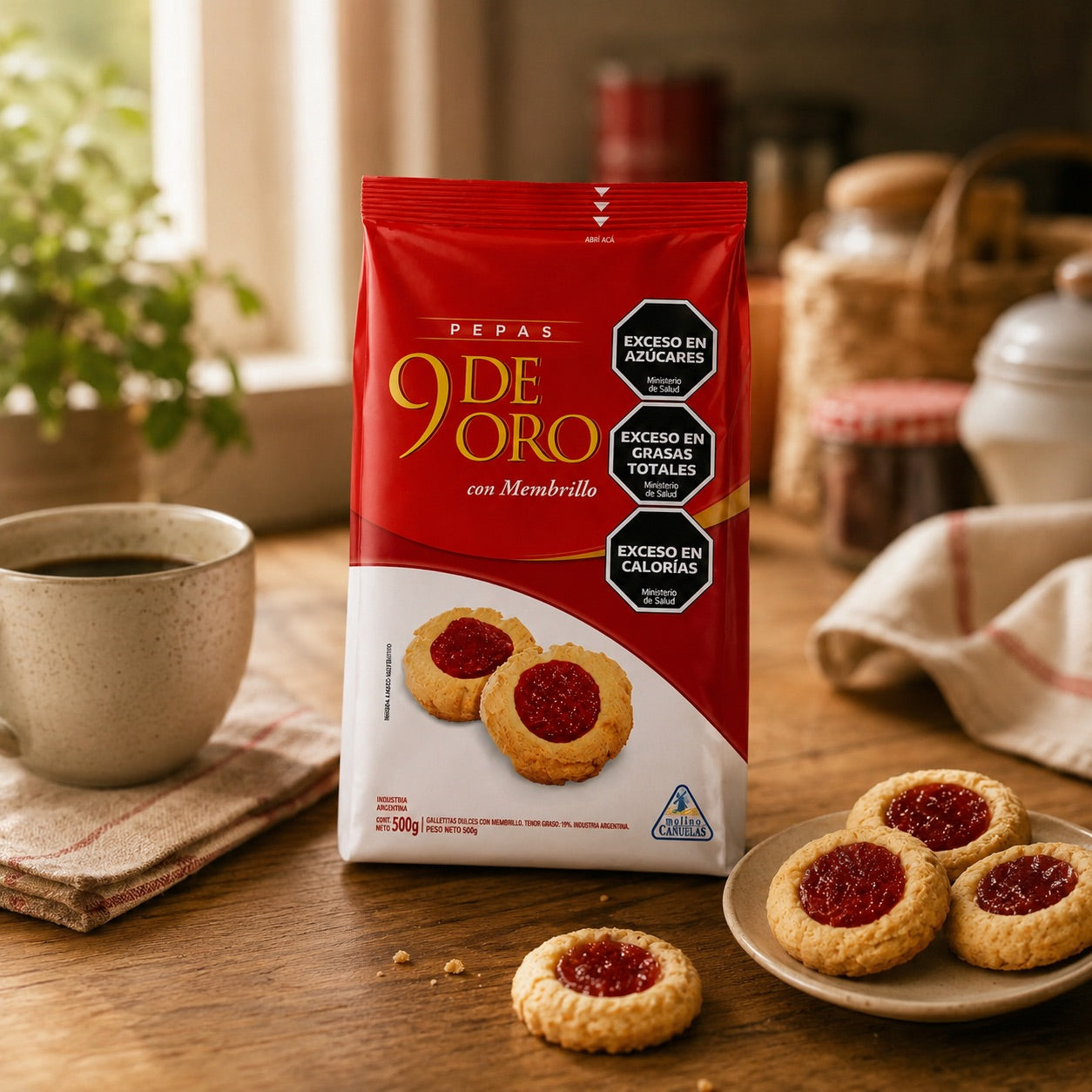 9 de Oro Pepas Argentine biscuits with quince jam center, pack on context