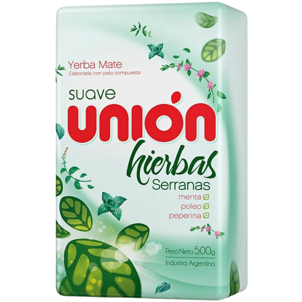 Unión Yerba Mate Hierbas Serranas 500g pack, Argentine yerba mate with mountain herbs, mild variety