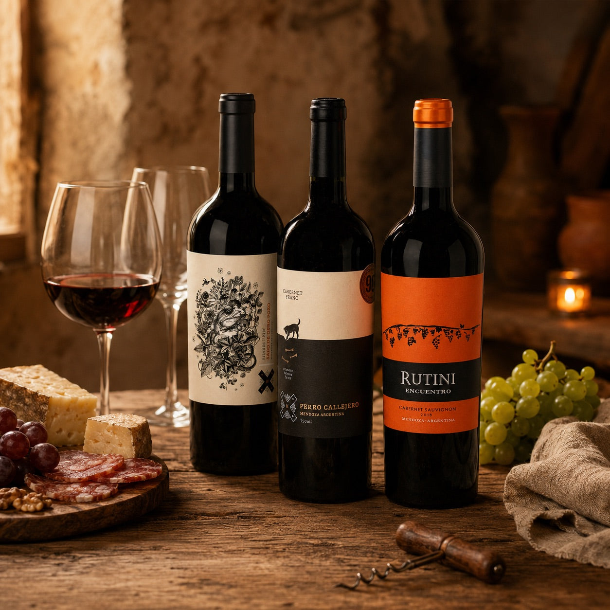 Argentine wine bottles on a rustic wooden table with glasses, cheese and grapes, Migas Wines collection.