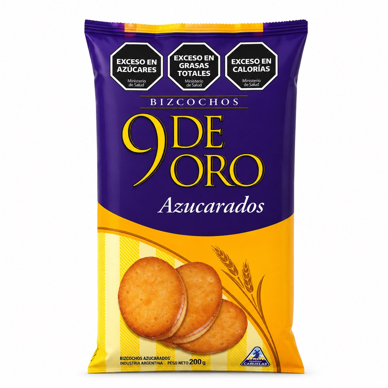 9 de Oro Azucarados Argentine sugar-topped biscuits pack on white background