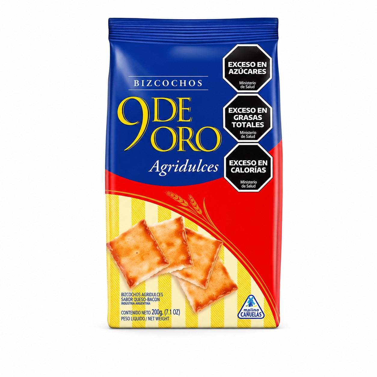 9 de Oro Agridulces Argentine sweet-salty puff pastry biscuits pack on white background