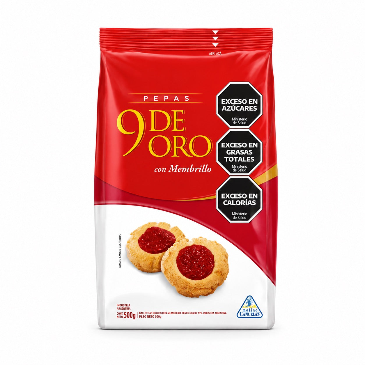 9 de Oro Pepas Argentine biscuits with quince jam center, pack on white background