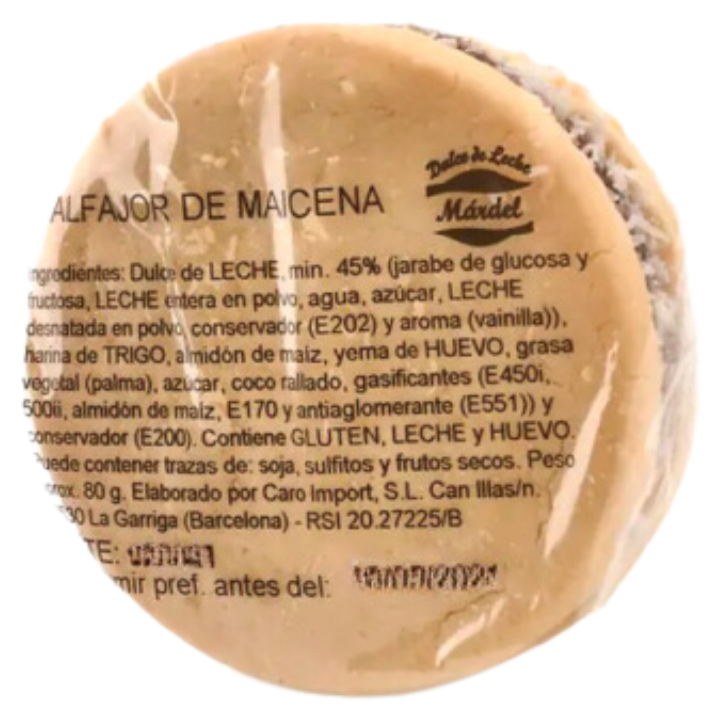 Argentine alfajor maicena by Mardel — cornstarch biscuit with dulce de leche and coconut