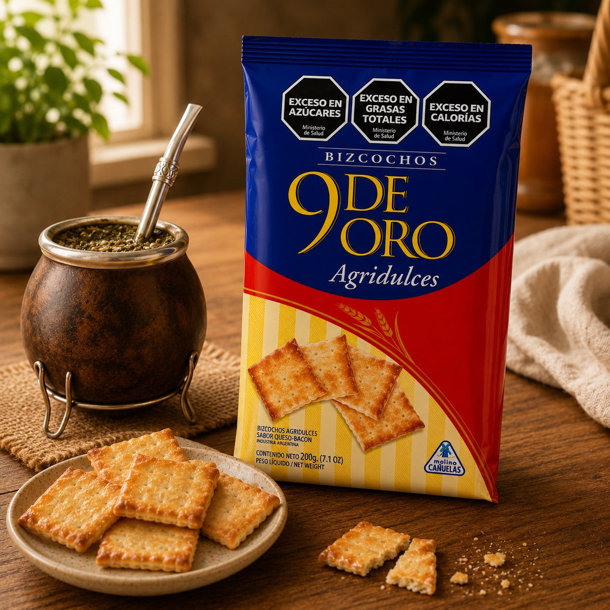 9 de Oro Agridulces biscuits on a wooden table next to a mate cup with bombilla in warm morning light