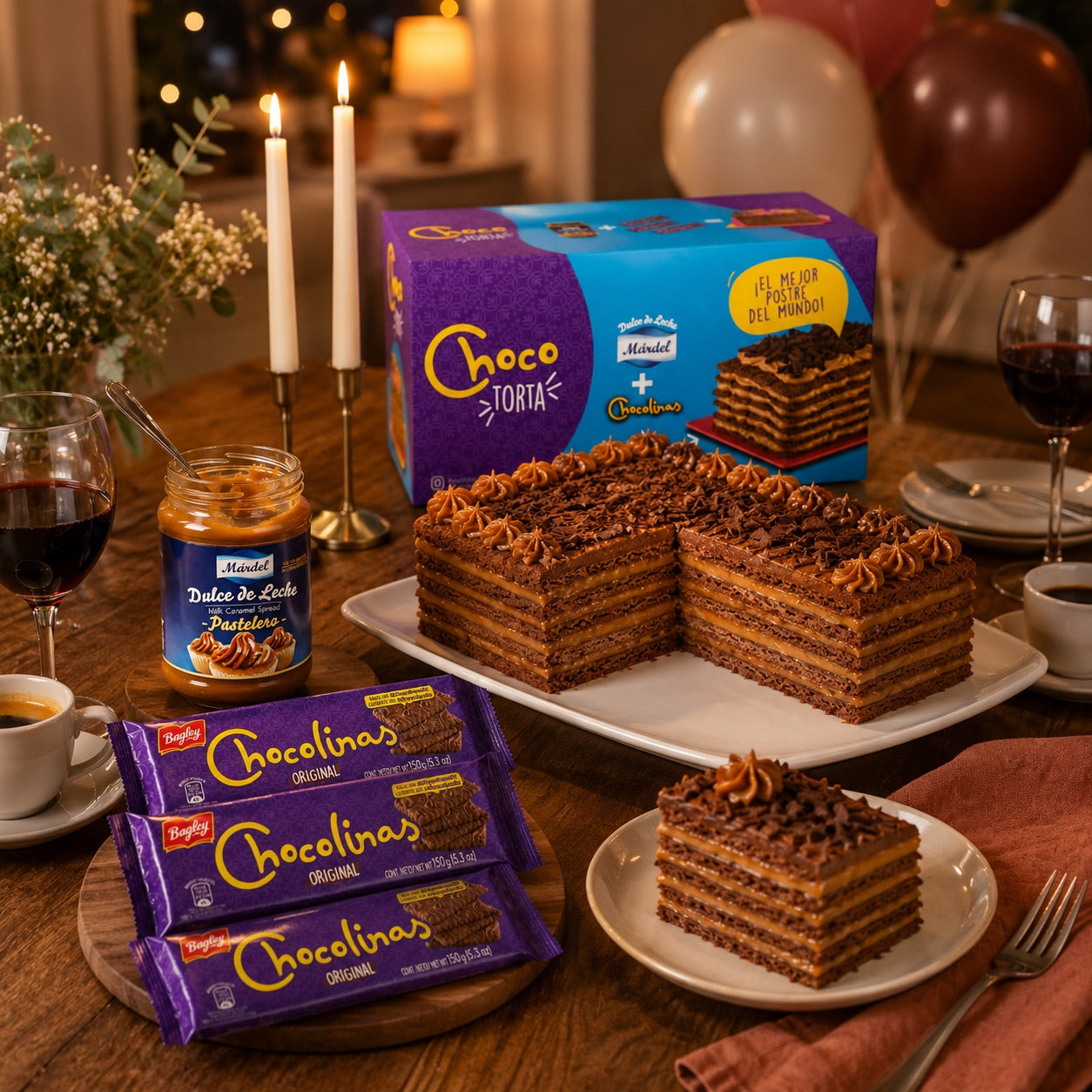 Chocotorta dessert served at an adult dinner party indoors with candles, wine and Argentine ingredients on the table
