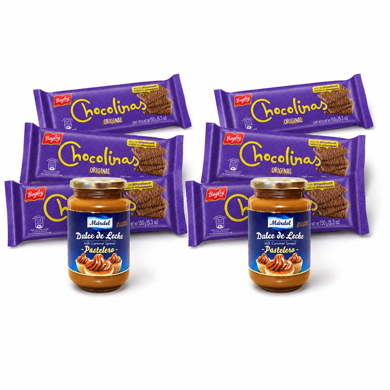 hocotorta kit ingredients: 6 packs of Chocolinas cookies and 2 jar of Mardel dulce de leche pastelero on white background