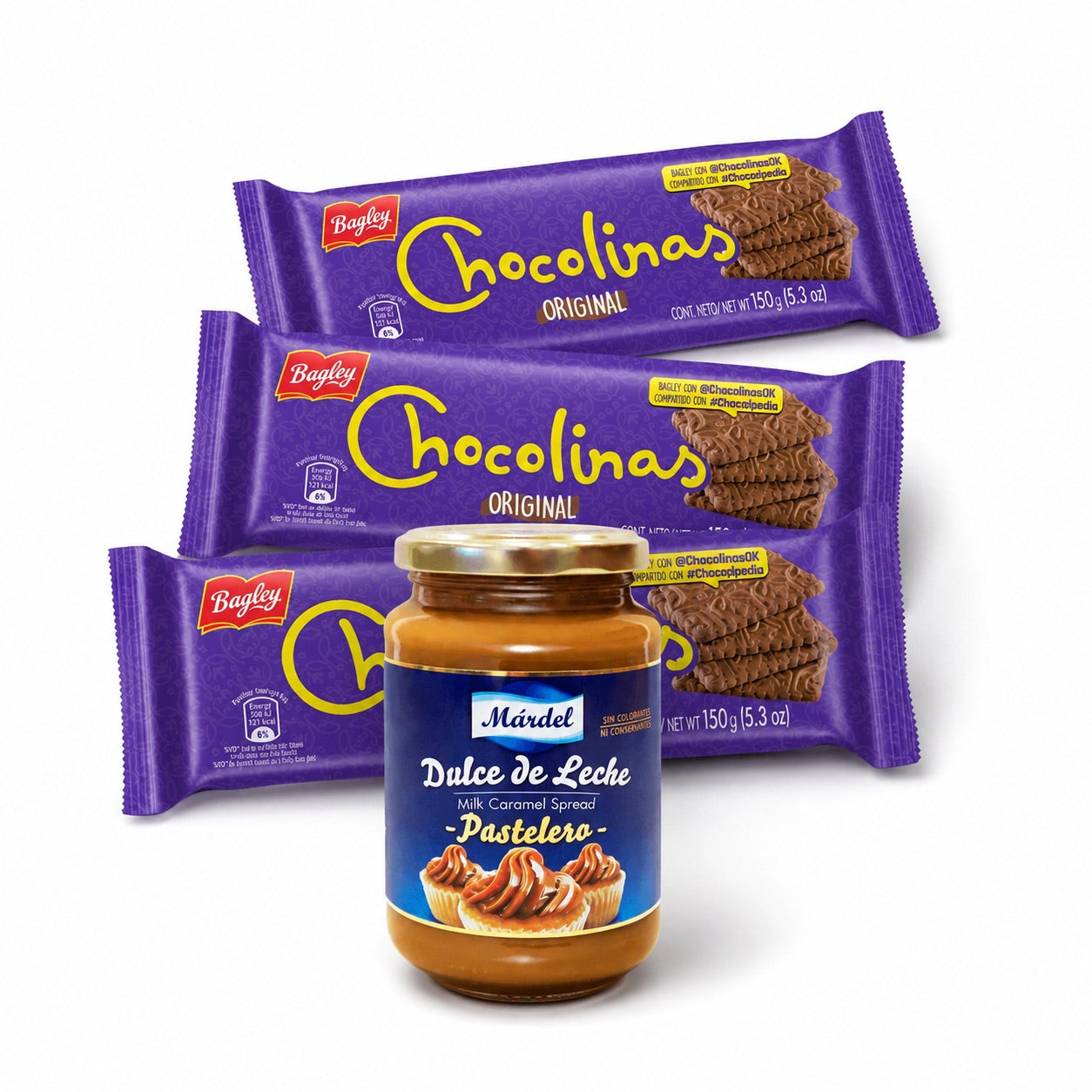 hocotorta kit ingredients: 3 packs of Chocolinas cookies and 1 jar of Mardel dulce de leche pastelero on white background