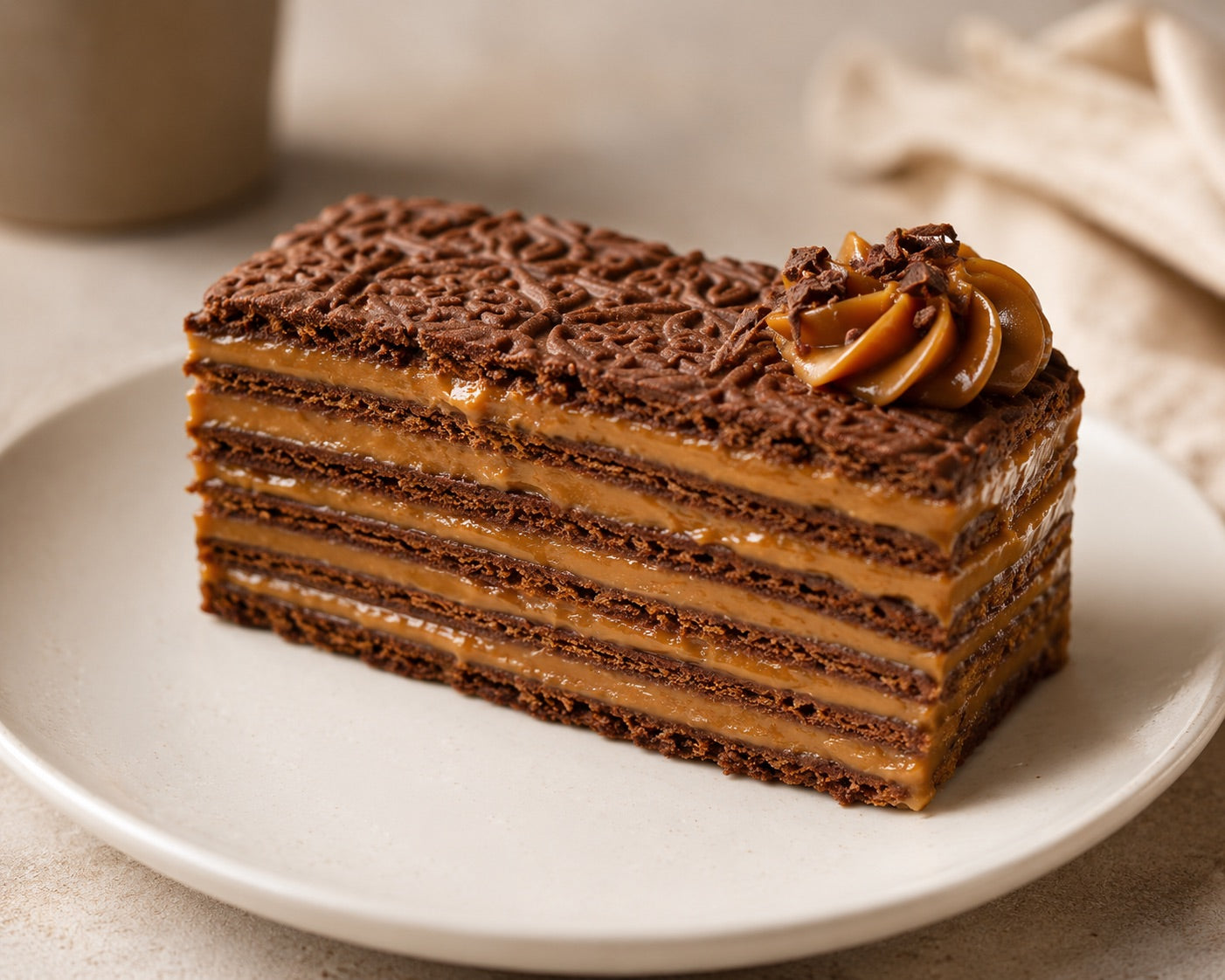 Slice of Argentine chocotorta dessert on a plate, layers of Chocolinas and dulce de leche cream
