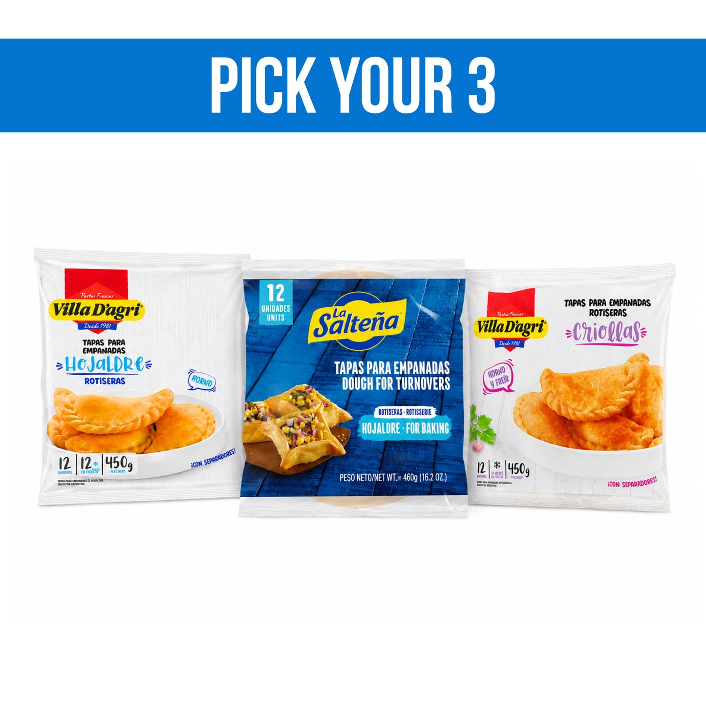 Empanada Party. Pick any 3 packs · 135 DKK