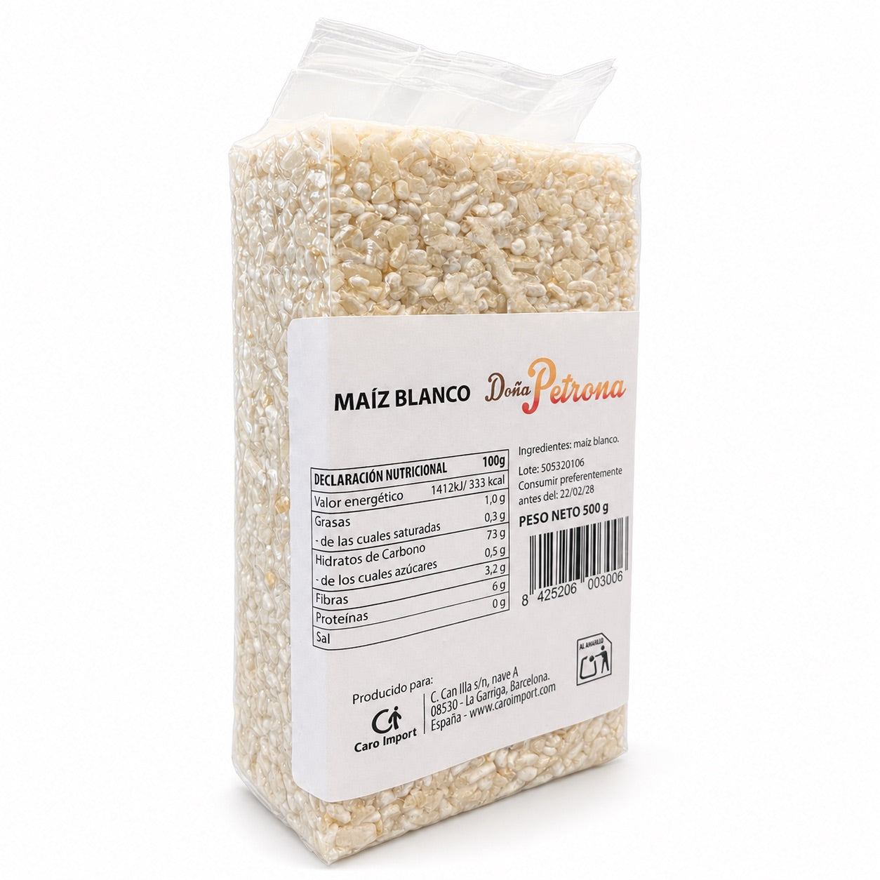 Back of Doña Petrona white corn pack showing nutrition facts and cooking instructions