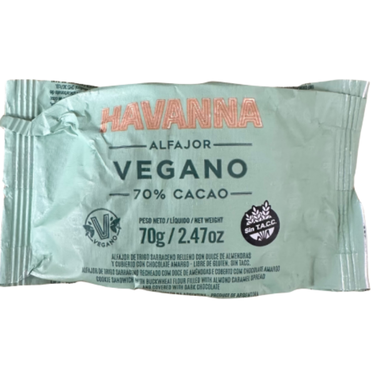Havanna Vegan and gluten-free alfajor coated in 70% dark cacao chocolate on white background