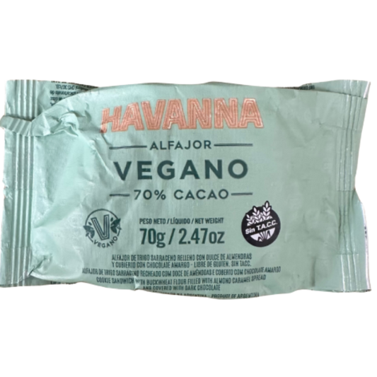 Havanna Vegan and gluten-free alfajor coated in 70% dark cacao chocolate on white background