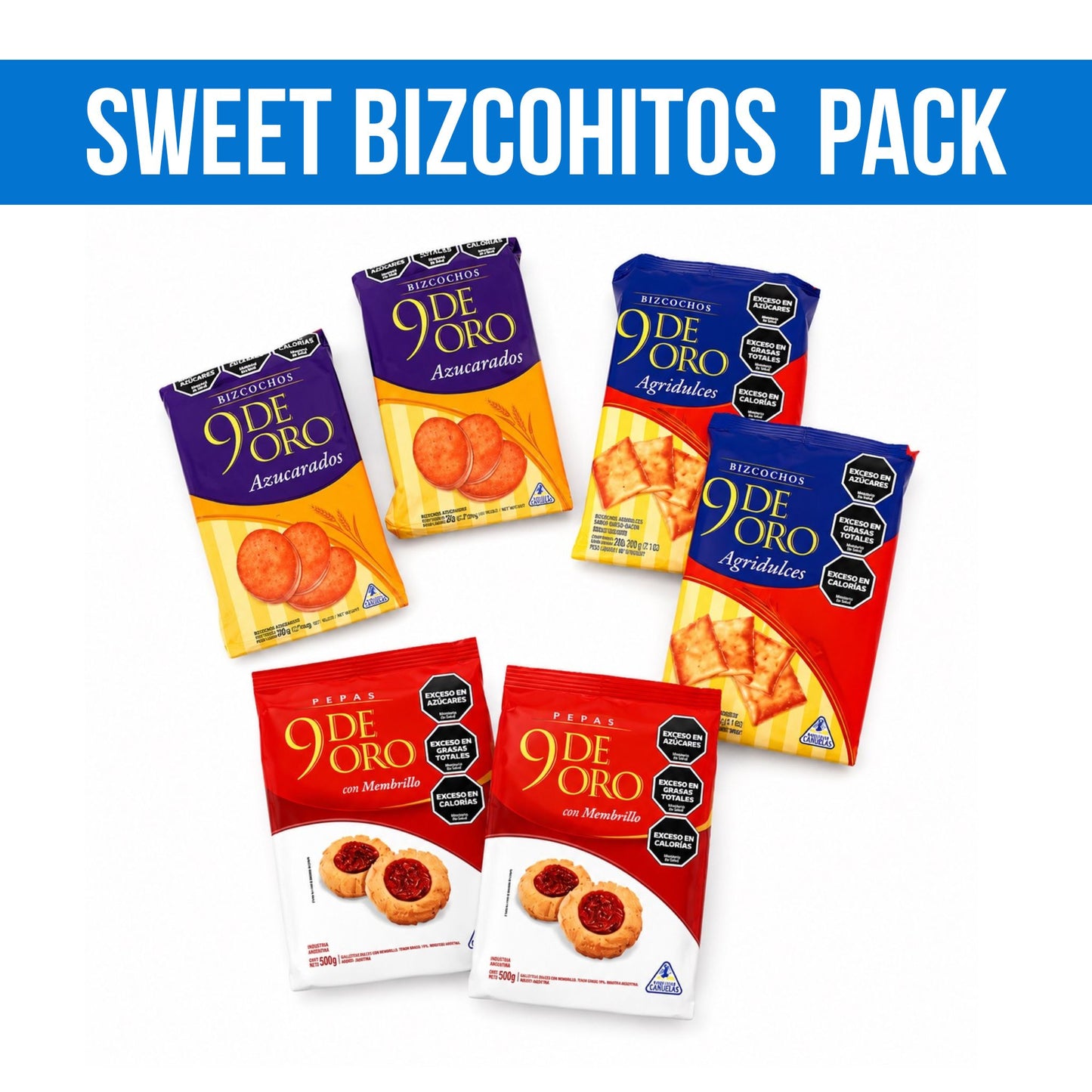  9 de Oro Variety Pack with two packs each of Argentine bizcochitos azucarados, agridulces and pepas on white background