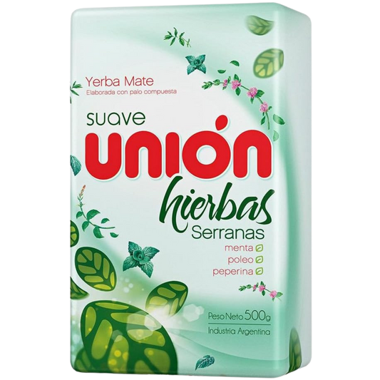 Unión Yerba Mate Hierbas Serranas 500g pack, Argentine yerba mate with mountain herbs, mild variety
