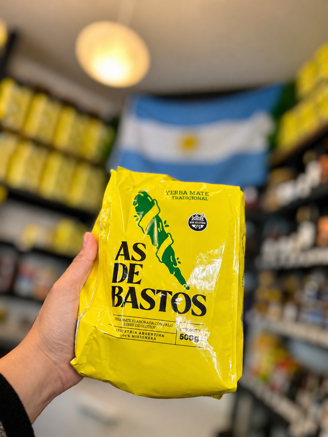 500g pack of Yerba Mate As de Bastos with Argentine flag at Migas store in Østerbro, Copenhagen