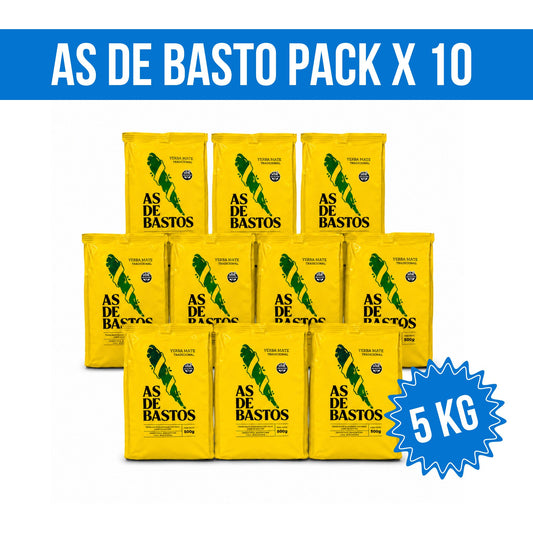 Bundle of 10 packs of 500g Yerba Mate As de Bastos on white background